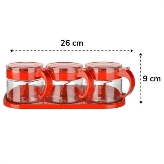 BUFFER® Kırmızı 3lü Standlı Kapaklı Kaşıklı Cam Hava Sızdırmaz Baharatlık Takımı KC-386 - 9