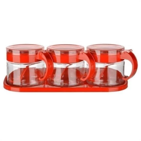 BUFFER®  Kırmızı 3lü Standlı Kapaklı Kaşıklı Cam Hava Sızdırmaz Baharatlık Takımı  KC-386 - 2