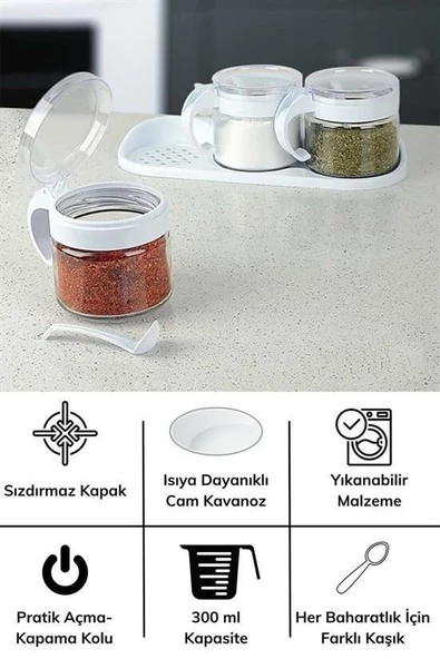 BUFFER®  Beyaz 3lü Standlı Kapaklı Kaşıklı Cam Hava Sızdırmaz Baharatlık Takımı KC-386 - 7