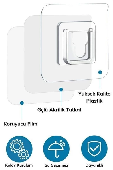 BUFFER® Eşya Sabitleme Askısı 10 Çift Şeffaf Çift Taraflı Yapışkanlı Geçmeli Klips - 9