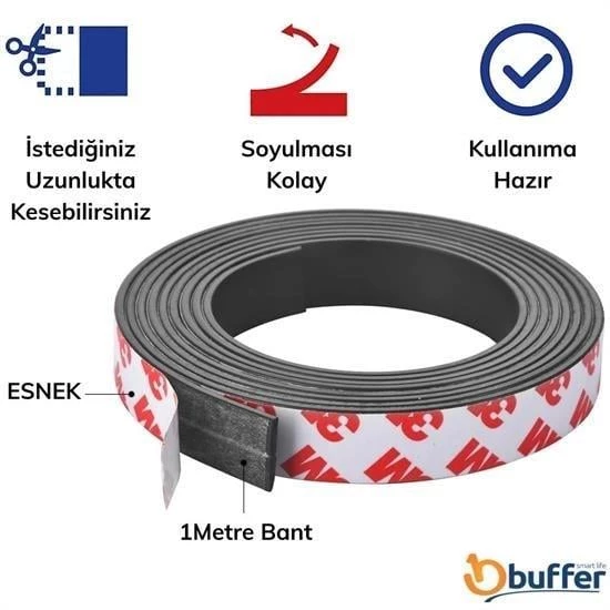 Yapışkanlı Şerit Mıknatıs Magnet Kes Kullan Güçlü Sağlam Rulo Çıkarılması Kolay Siyah 2cm x 1 mt - 3