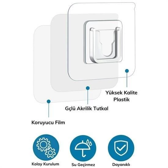 BUFFER® Eşya Sabitleme Askısı 10 Çift Şeffaf Çift Taraflı Yapışkanlı Geçmeli Klips - 3