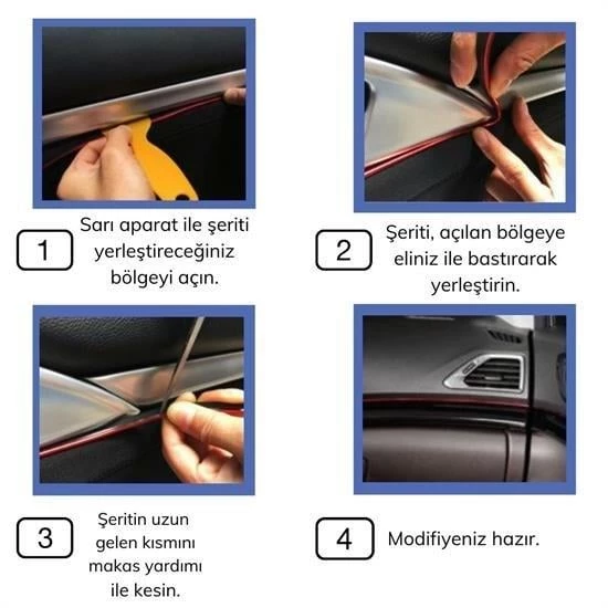 BUFFER® Mavi Araba Oto Trim Dekorasyon Şeridi Kauçuk Elastik Kolay Kurulum 5 metre Şerit Bant - 4