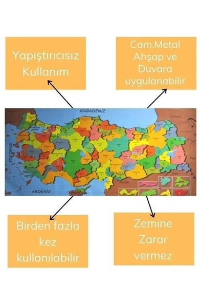 BUFFER® Renkli Türkiye Haritası Manyetik Yapıştırıcı Gerektirmeyen Duvar Stickerı 118 CM * 56 CM - 7