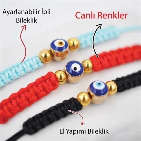 BUFFER® Nazar Boncuklu Kırmızı Mavi Siyah Renkli Ayarlanabilir Örgülü Hediyelik Bijuteri Elyapım İp - 2