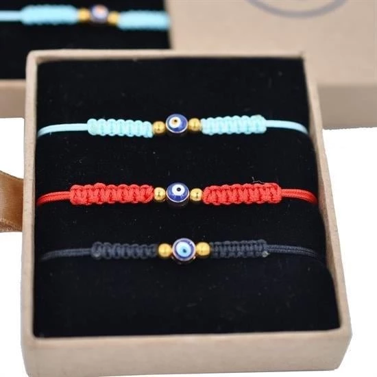 BUFFER® Nazar Boncuklu Kırmızı Mavi Siyah Renkli Ayarlanabilir Örgülü Hediyelik Bijuteri Elyapım İp - 4