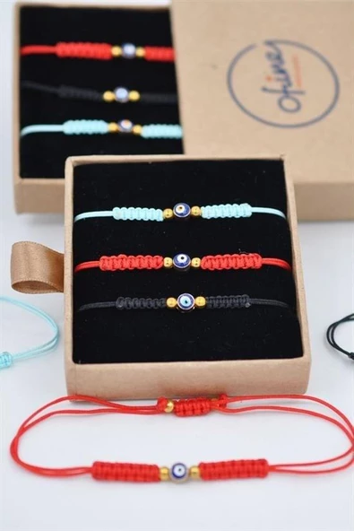 BUFFER® Nazar Boncuklu Kırmızı Mavi Siyah Renkli Ayarlanabilir Örgülü Hediyelik Bijuteri Elyapım İp - 7