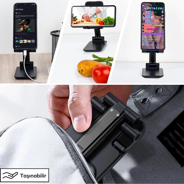 BUFFER® Siyah Aynalı Cep Telefonu Sabitleyici Stand Katlanabilir Ayarlanabilir Telefon Standı - 5