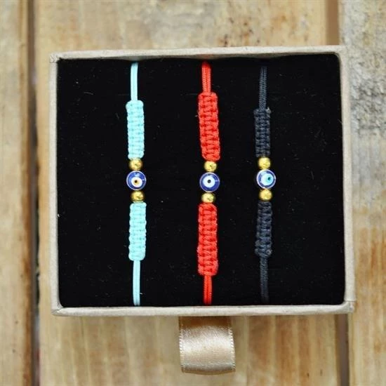 BUFFER® Nazar Boncuklu Kırmızı Mavi Siyah Renkli Ayarlanabilir Örgülü Hediyelik Bijuteri Elyapım İp - 8