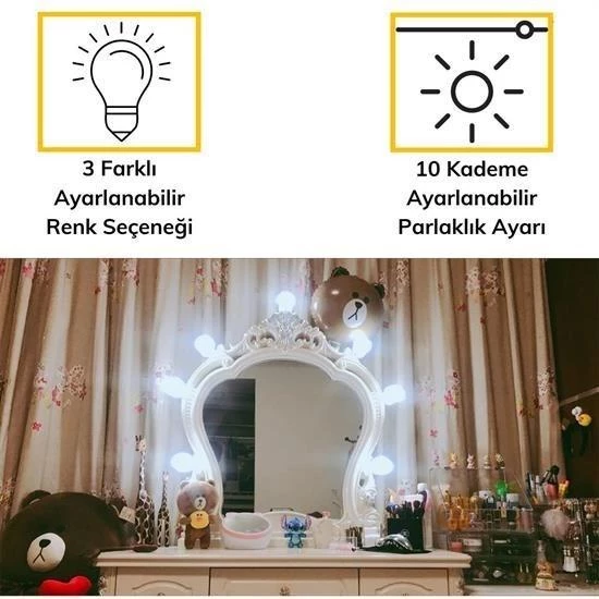 BUFFER® Nostalji Hollywood Tarzı 10lu Makyaj Masası Aynası Beyaz Led Işıklı Lamba USB - 3