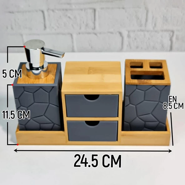 Banyo Lavabo Sıvı Sabunluk Seti Diş Fırçalık Pamukluk Katı Sabunluk Dekoratif Akrilik Bambu Banyo Takımı - 3
