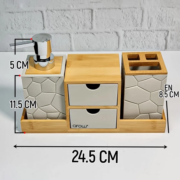 Banyo Lavabo Sıvı Sabunluk Seti Diş Fırçalık Pamukluk Katı Sabunluk Dekoratif Akrilik Bambu Banyo Takımı - 7