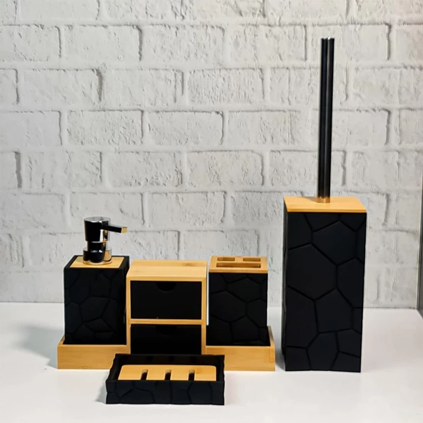 Banyo Lavabo Sıvı Sabunluk Seti Diş Fırçalık Pamukluk Katı Sabunluk Dekoratif Akrilik Bambu Banyo Takımı - 9