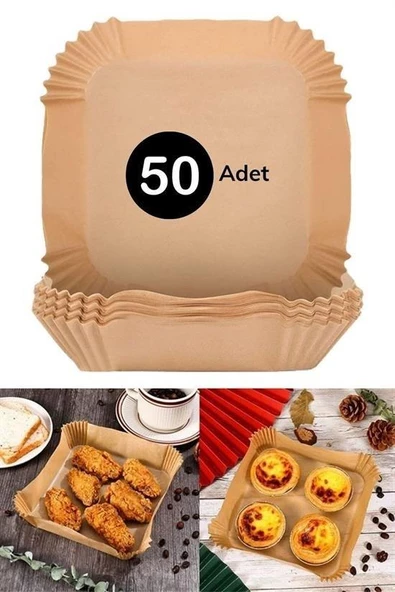 50 Adet Air Fryer Pişirme Kağıdı Tek Kullanımlık Hava Fritöz Yağ Geçirmez Yapışmaz Kare Tabak Model - Resim 10