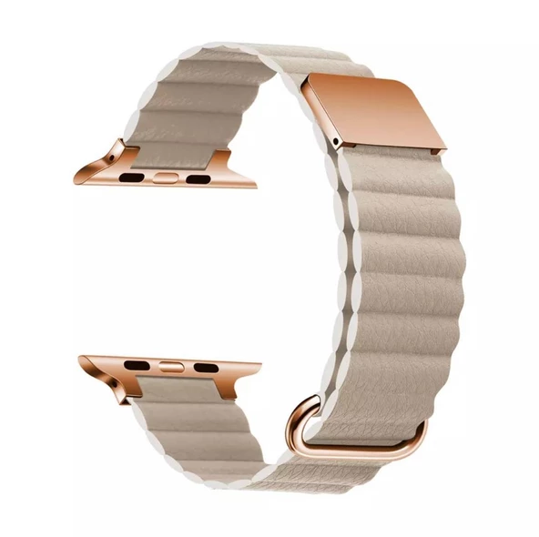 Apple Watch Uyumlu 2 3 4 5 6 7 8 Ultra Seri 42 / 44 / 45 / 49 MM Uyumlu Manyetik Baklalı Deri Kayış Kordon - 6