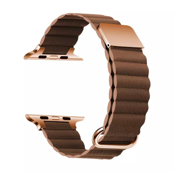 Apple Watch Uyumlu 2 3 4 5 6 7 8 Ultra Seri 42 / 44 / 45 / 49 MM Uyumlu Manyetik Baklalı Deri Kayış Kordon - 4