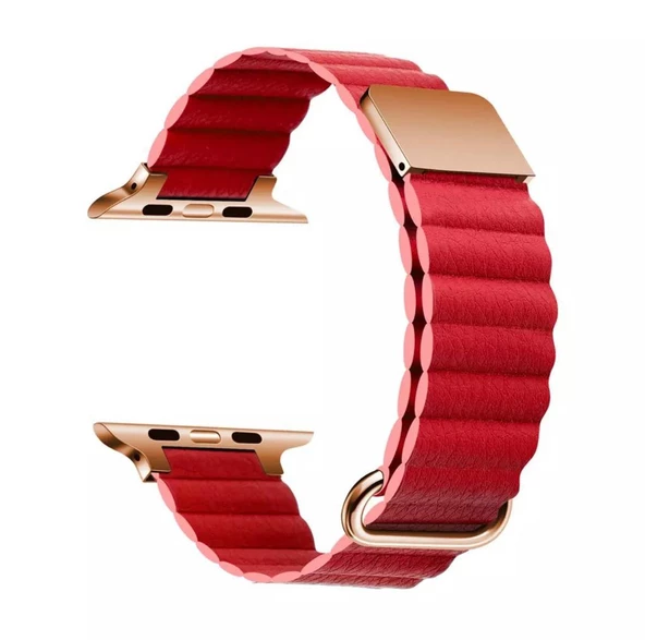 Apple Watch Uyumlu 2 3 4 5 6 7 8 Ultra Seri 42 / 44 / 45 / 49 MM Uyumlu Manyetik Baklalı Deri Kayış Kordon - 5