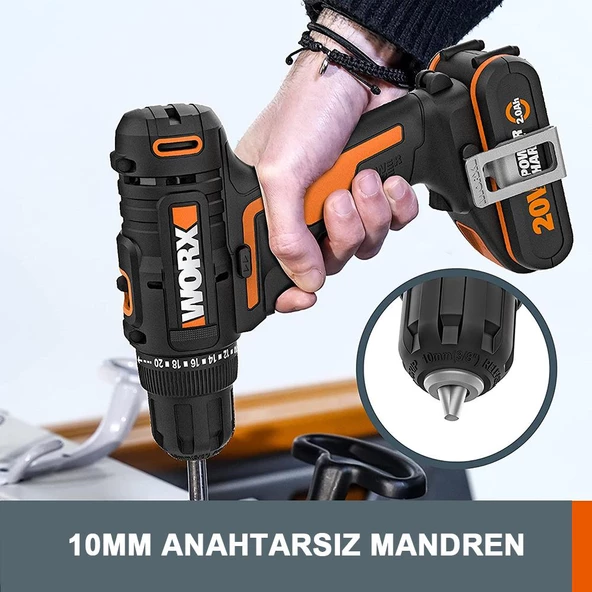 Worx Wx100 20Volt/2.0Ah. Li-İon Tek Akülü Profesyonel Şarjlı Matkap - 10