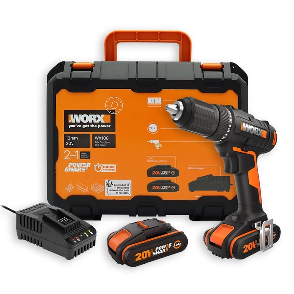 Worx Wx108 20Volt/2.0Ah. Li-İon Çift Akülü Profesyonel Şarjlı Matkap