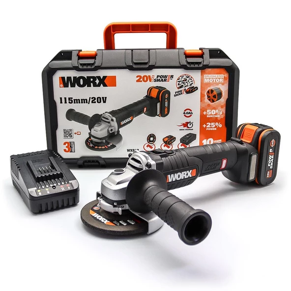 Worx Wx813 20Volt 4.0Ah. Li-İon Tek Akülü 115Mm Kömürsüz Profesyonel Şarjlı Avuç Taşlama