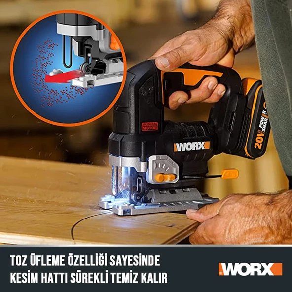Worx Wx542 20Volt 2.5Ah. Li-İon Tek Akülü Profesyonel Kömürsüz Şarjlı Dekupaj Testere - 8