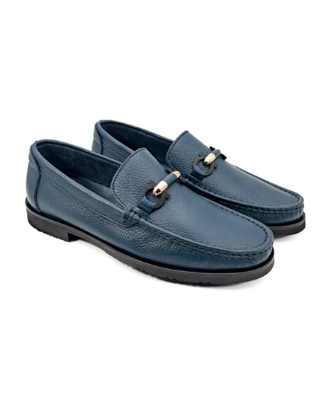 Eşsiz El Yapımı Louvre Lacivert Hakiki Deri Erkek Loafer Ayakkabı - 2