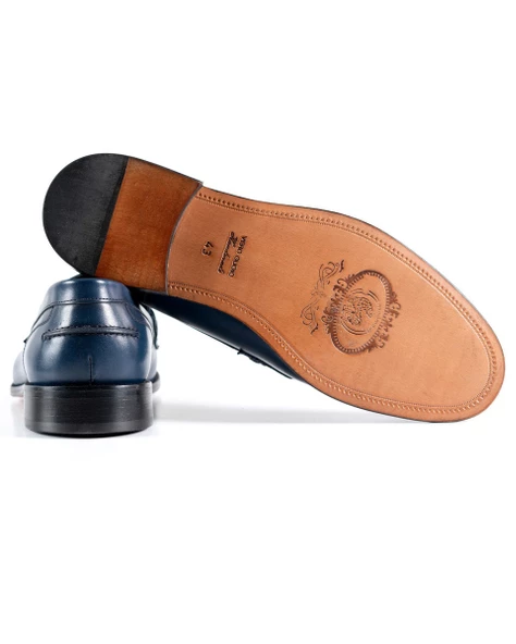 Eşsiz El Yapımı Allaturca Mavi Hakiki Deri Klasik Erkek Ayakkabı - Resim 3