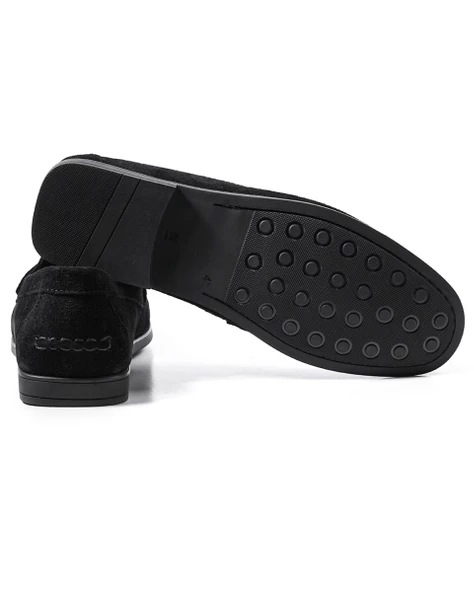 Eşsiz El Yapımı Cordelion Siyah Hakiki Süet Deri Erkek Loafer Ayakkabı - Resim 3