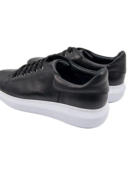 Eşsiz El Yapımı Strada Siyah Deri-Beyaz Taban Hakiki Deri Erkek Spor (Sneaker) Ayakkabı - Resim 5