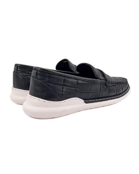 Eşsiz El Yapımı Pergamon Siyah Kroko Desenli Hakiki Deri Erkek Loafer Ayakkabı - Resim 4