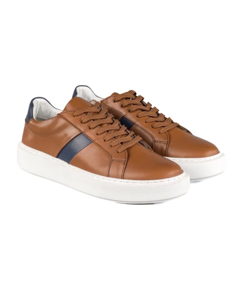 Eşsiz El Yapımı Fazer Taba-Lacivert Hakiki Deri Erkek Spor (Sneaker) Ayakkabı - Resim 2