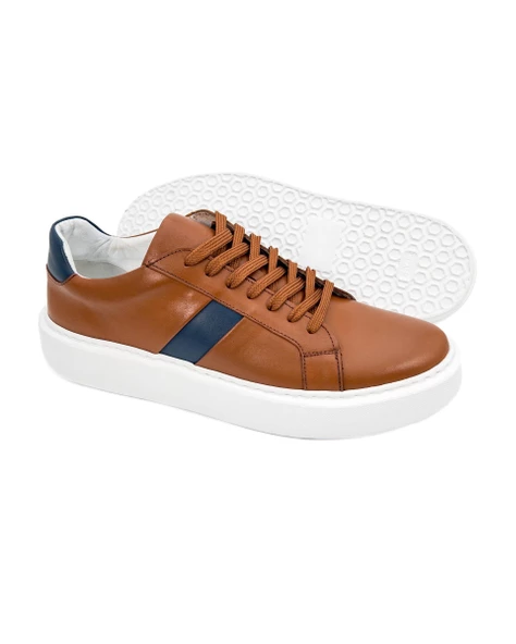 Eşsiz El Yapımı Fazer Taba-Lacivert Hakiki Deri Erkek Spor (Sneaker) Ayakkabı - Resim 3