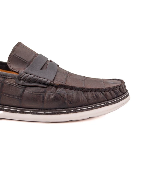 Eşsiz El Yapımı Pergamon Kahve Kroko Desenli Hakiki Deri Erkek Loafer Ayakkabı - Resim 5