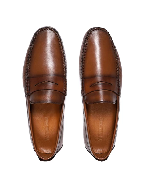 Eşsiz El Yapımı Perge Taba Hakiki Deri Erkek Loafer Ayakkabı - 4