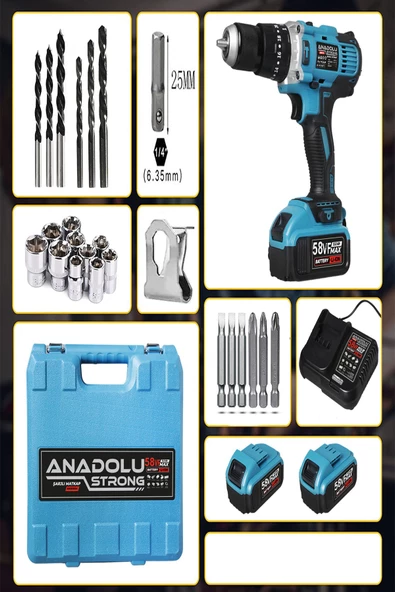 58vf 5ah Li Sjs Çift Metal Şanzuman Metal Mandren Çift Akülü Şarjlı Matkap 24 Parça Set Hediyeli - 2