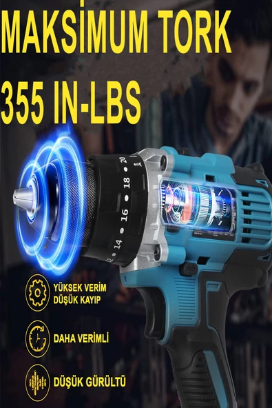 58vf 5ah Li Sjs Çift Metal Şanzuman Metal Mandren Çift Akülü Şarjlı Matkap 24 Parça Set Hediyeli - 3