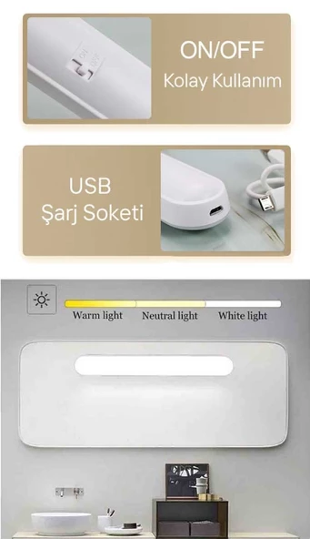 CATA CT 5249 Beyaz Kasa 3W Şarjlı Led Aplik Dokunmatik 3 Renk Modu - 5