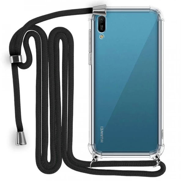 Huawei Y6 2019 Boyun Askılı Şeffaf Tank Kılıf Siyah