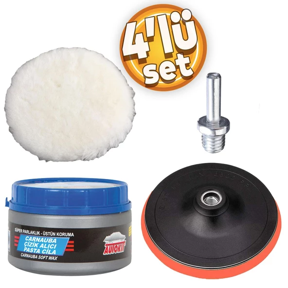 Pasta Cila Polisaj Parlatma Yünü Pedi Keçesi Süngeri+115 mm Cırt Taban+Matkap Aparatı+Oto Pasta Cila 300 Gr (4'Lü SET)