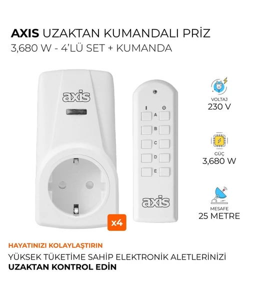 Axis 4'Lü Uzaktan Kumandalı Priz Set 3680 W - 3