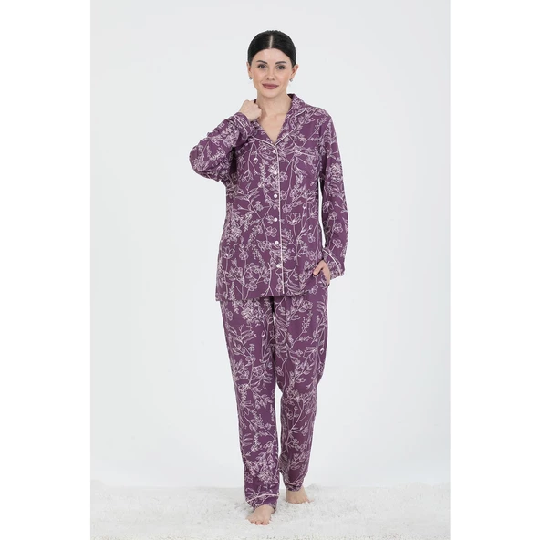 PJS 23504 Kadın Desenli Düğmeli Pijama Takım