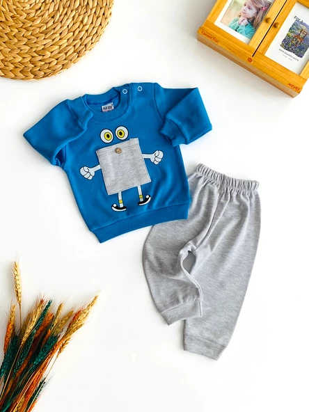 Neşeli Bebekler Baskılı Önden Cepli Penye Takım Mavi