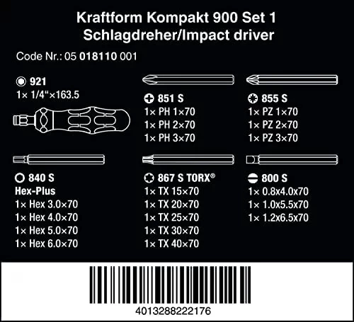 Wera Kraftform Kompakt 900 Endüstriyel Darbeli Tornavida Seti 05018110001 - 2