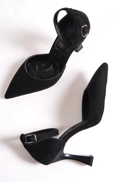 Lopez Siyah Süet Stiletto Bilekten Bantlı Topuklu Ayakkabı - 4