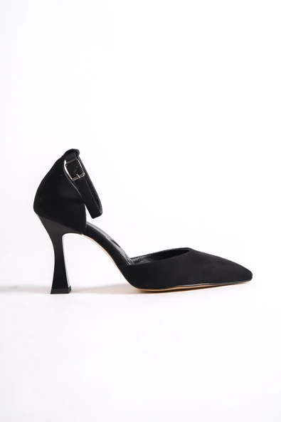 Lopez Siyah Süet Stiletto Bilekten Bantlı Topuklu Ayakkabı - 2