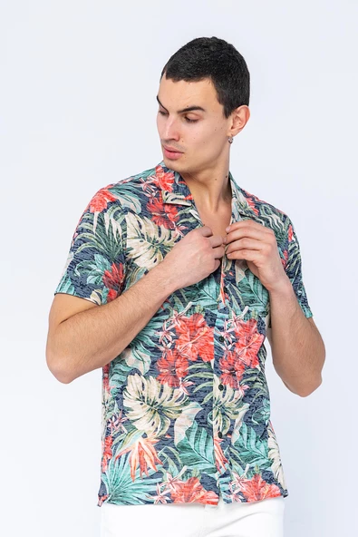 Erkek Fit Apaj Yaka Yandan Yırtmaçlı Kumaş Baskılı Rahat Gömlek - 7