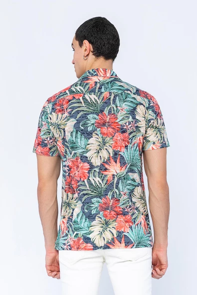 Erkek Fit Apaj Yaka Yandan Yırtmaçlı Kumaş Baskılı Rahat Gömlek - 3