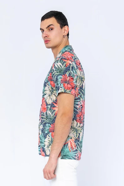 Erkek Fit Apaj Yaka Yandan Yırtmaçlı Kumaş Baskılı Rahat Gömlek - 9