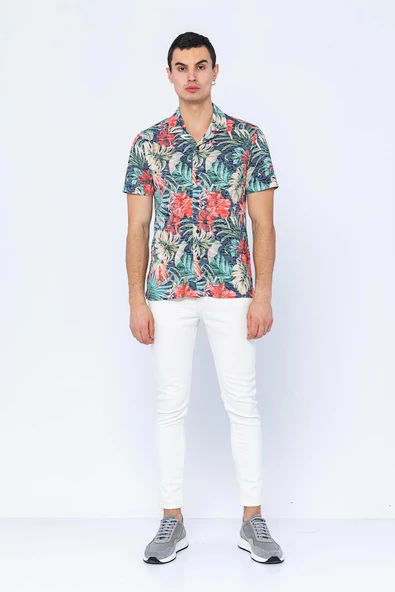 Erkek Fit Apaj Yaka Yandan Yırtmaçlı Kumaş Baskılı Rahat Gömlek - 8