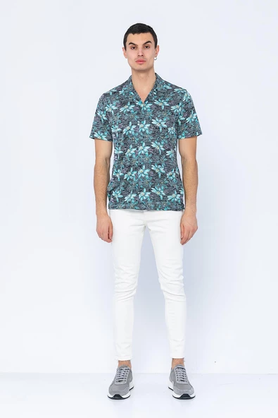 Erkek Fit Apaj Yaka Yandan Yırtmaçlı Kumaş Baskılı Rahat Gömlek - 11